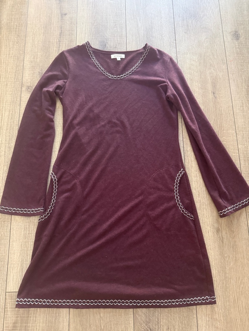 Max Studio Burgundy Long-Sleeve Knit Dress with Contrast Stitching XS a-line